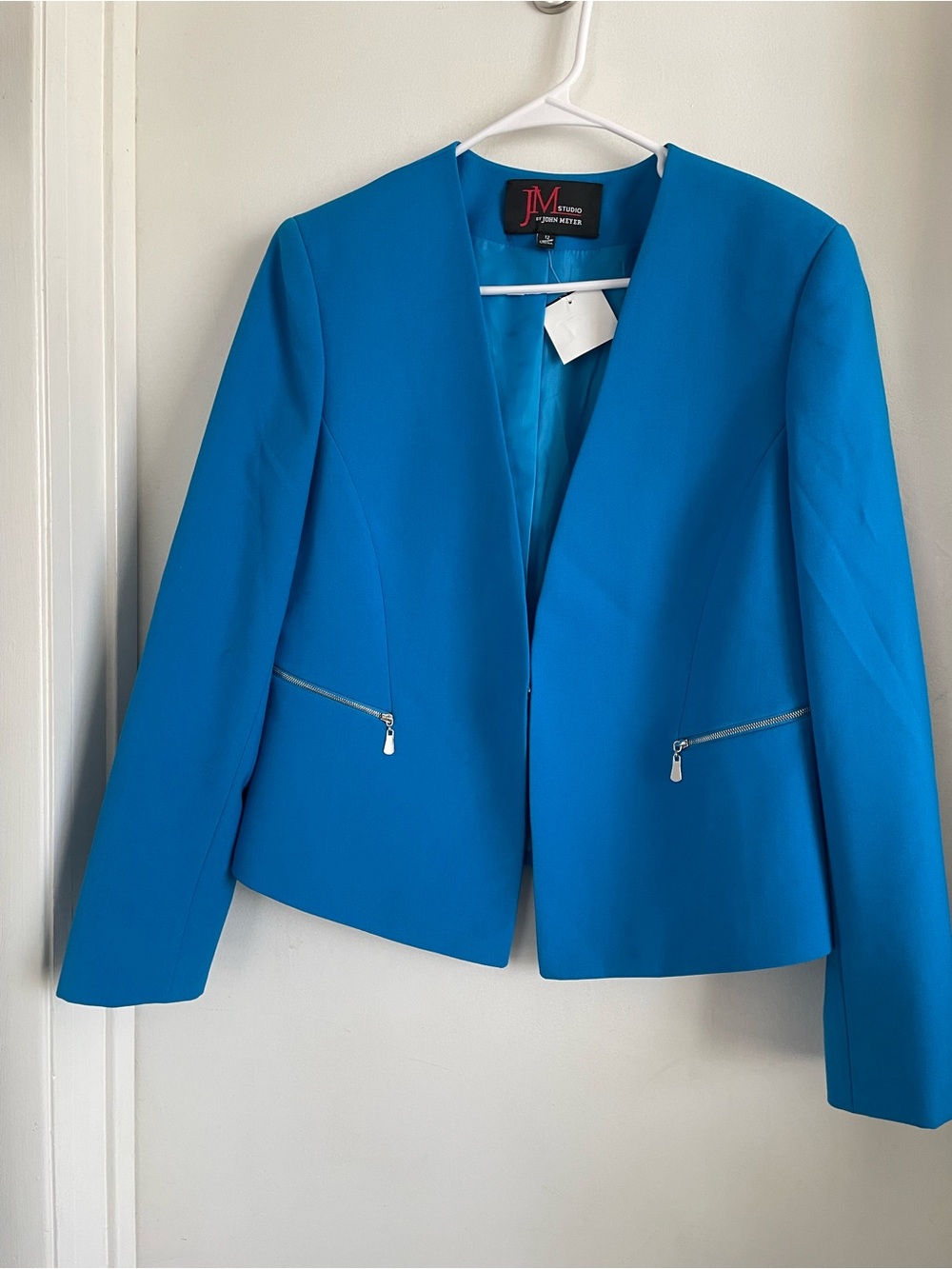 JM Collection Bright Teal Open-Front Blazer with Zip Pockets
